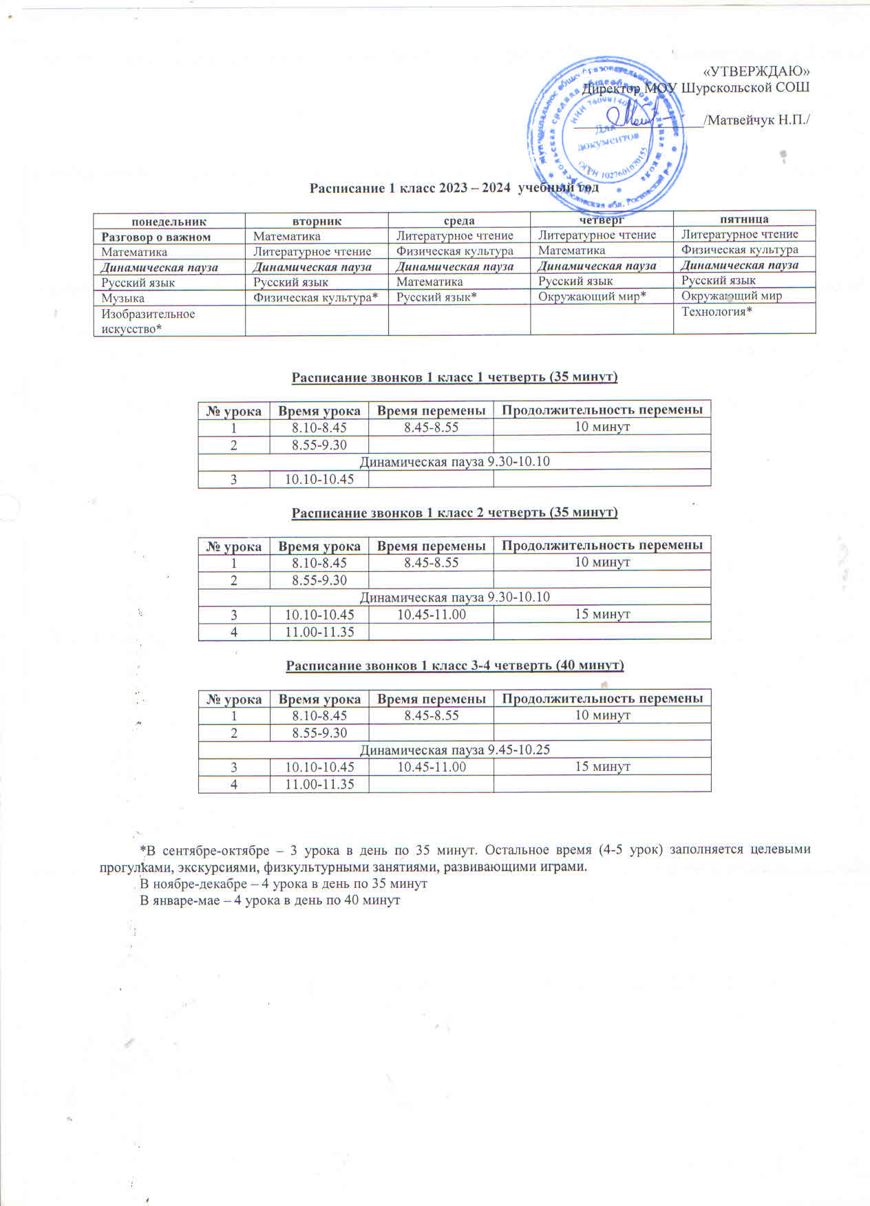 Расписание уроков для 1 класса | МОУ Шурскольская СОШ